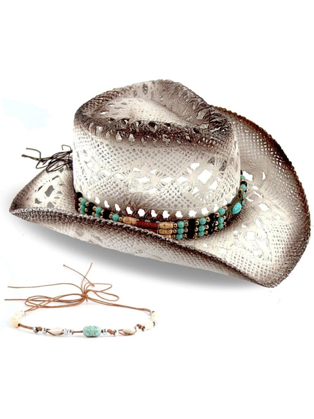 Men's White-turquoise Pull-On Straw Two Decorative Band Cowboy Cowgirl Hat